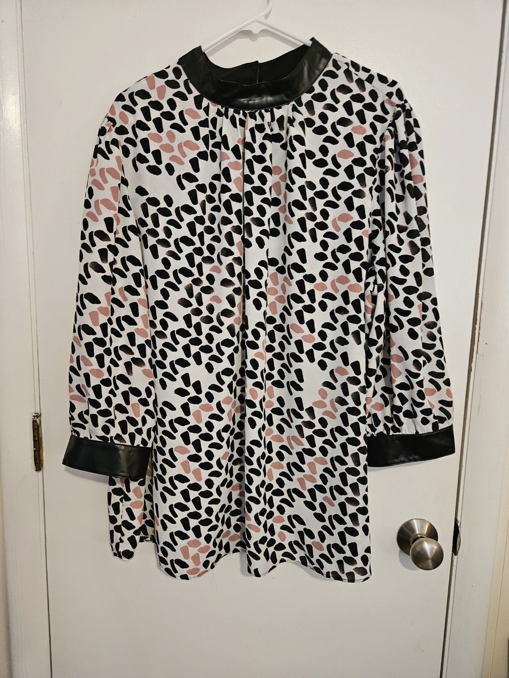Ashley Stewart Black, White & Blush Animal Print Top with Faux Leather Collar